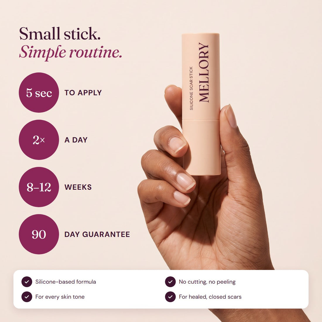 Hand holding the Mellory stick: 5 seconds, twice a day, 8 to 12 weeks, 90-day guarantee