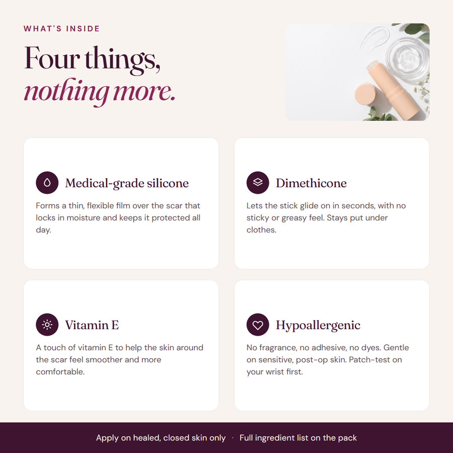 What's inside Mellory: medical-grade silicone, dimethicone, vitamin E, hypoallergenic formula.