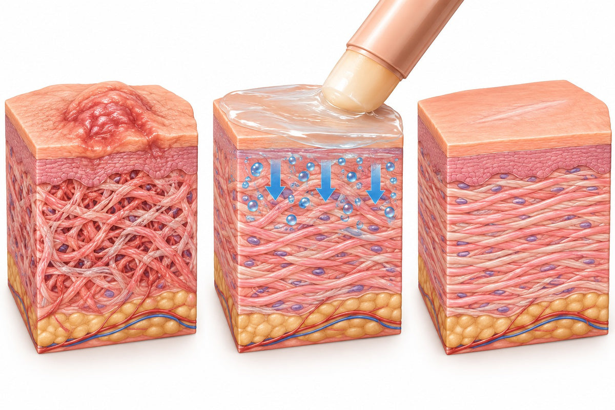 Cross-section of a scar at stage 1, 2 and 3 of silicone care